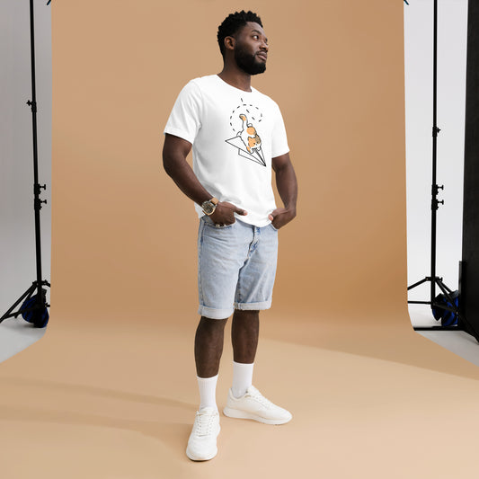 Man wearing a white Airplane Zoomies Cat T-Shirt from Midnight Zoomies.