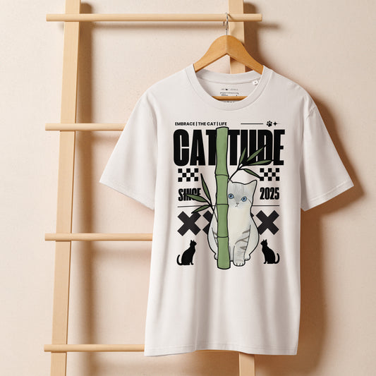 A white Catitude Cat T-Shirt from Midnight Zoomies on a hanger.