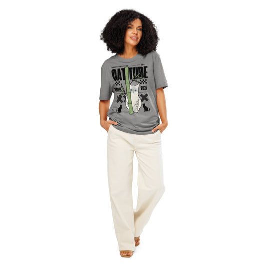 Woman wearing a heather grey Catitude Cat T-Shirt from Midnight Zoomies.