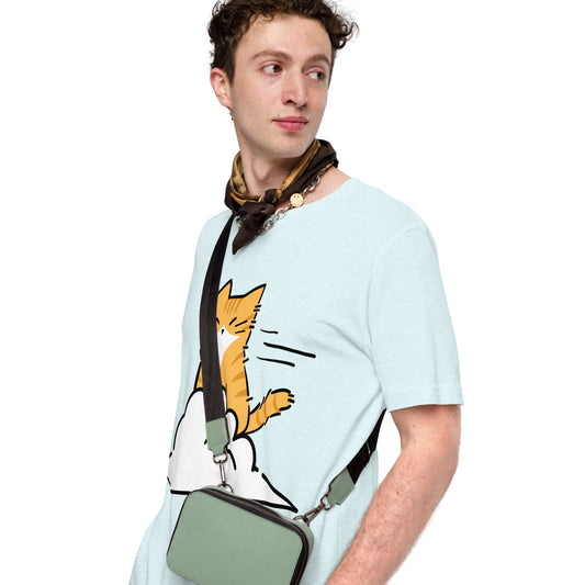 Man wearing a sky blue Cloud Zoomies Cat T-Shirt from Midnight Zoomies.