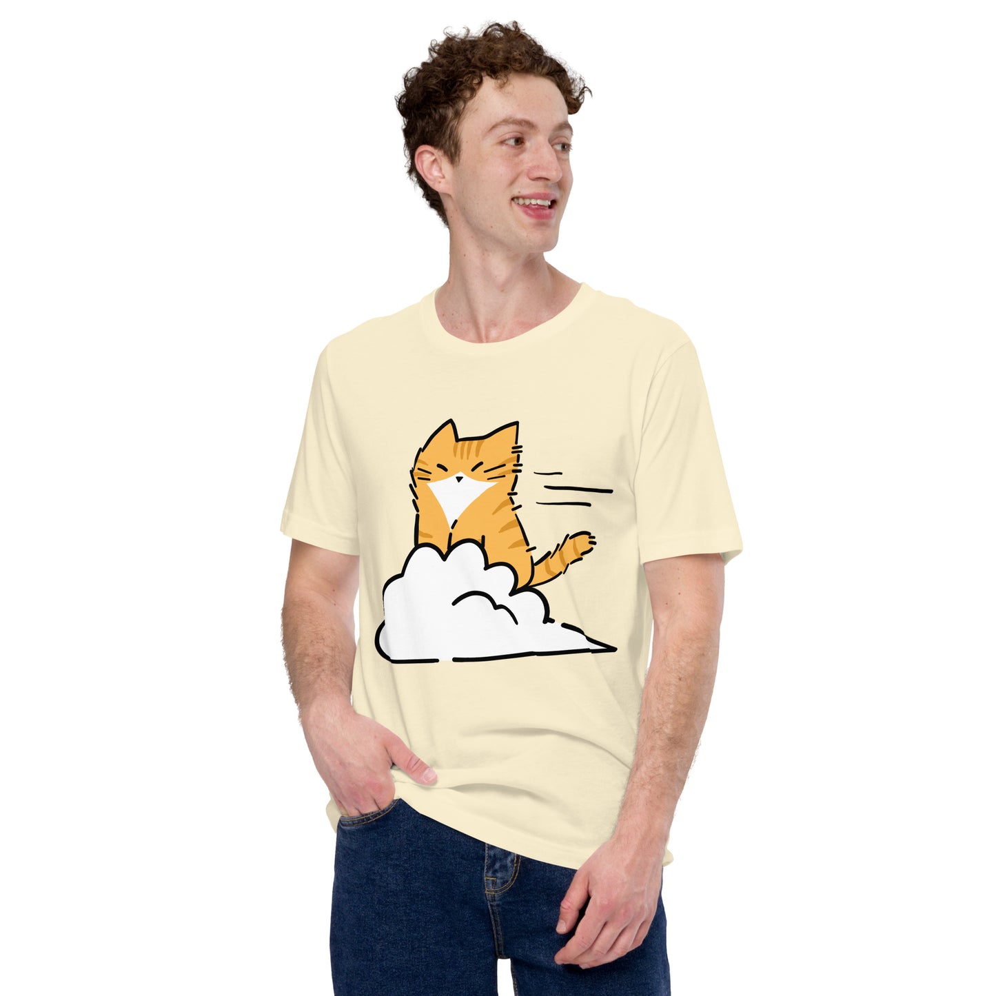 Man wearing a natural Cloud Zoomies Cat T-Shirt from Midnight Zoomies.