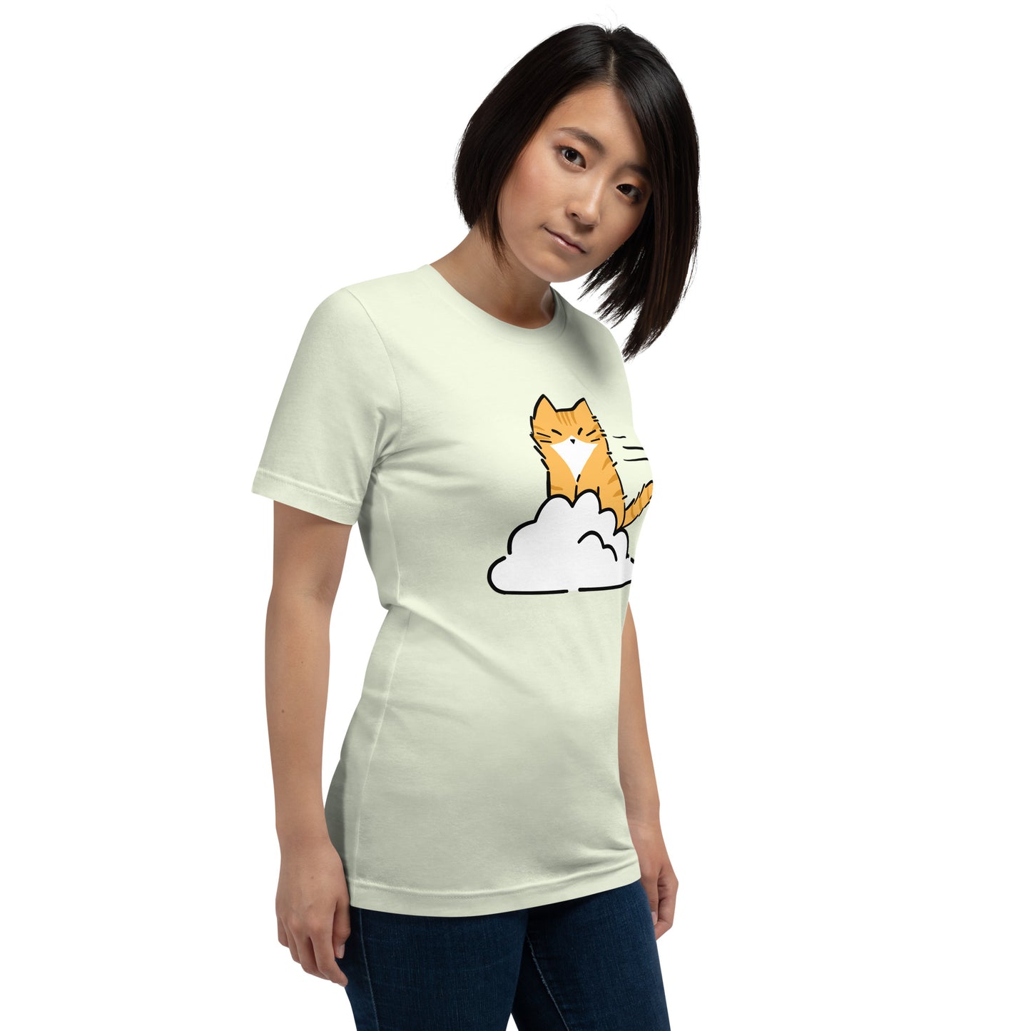 Woman wearing a citron green Cloud Zoomies Cat T-Shirt from Midnight Zoomies.