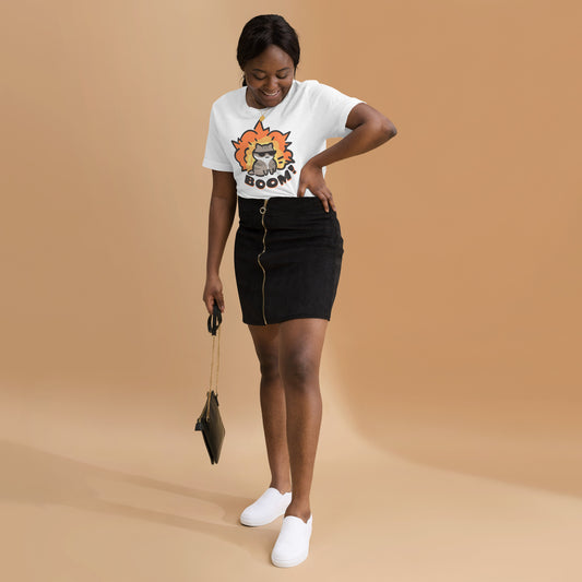 Woman wearing a white Explosion Cat T-Shirt from Midnight Zoomies.