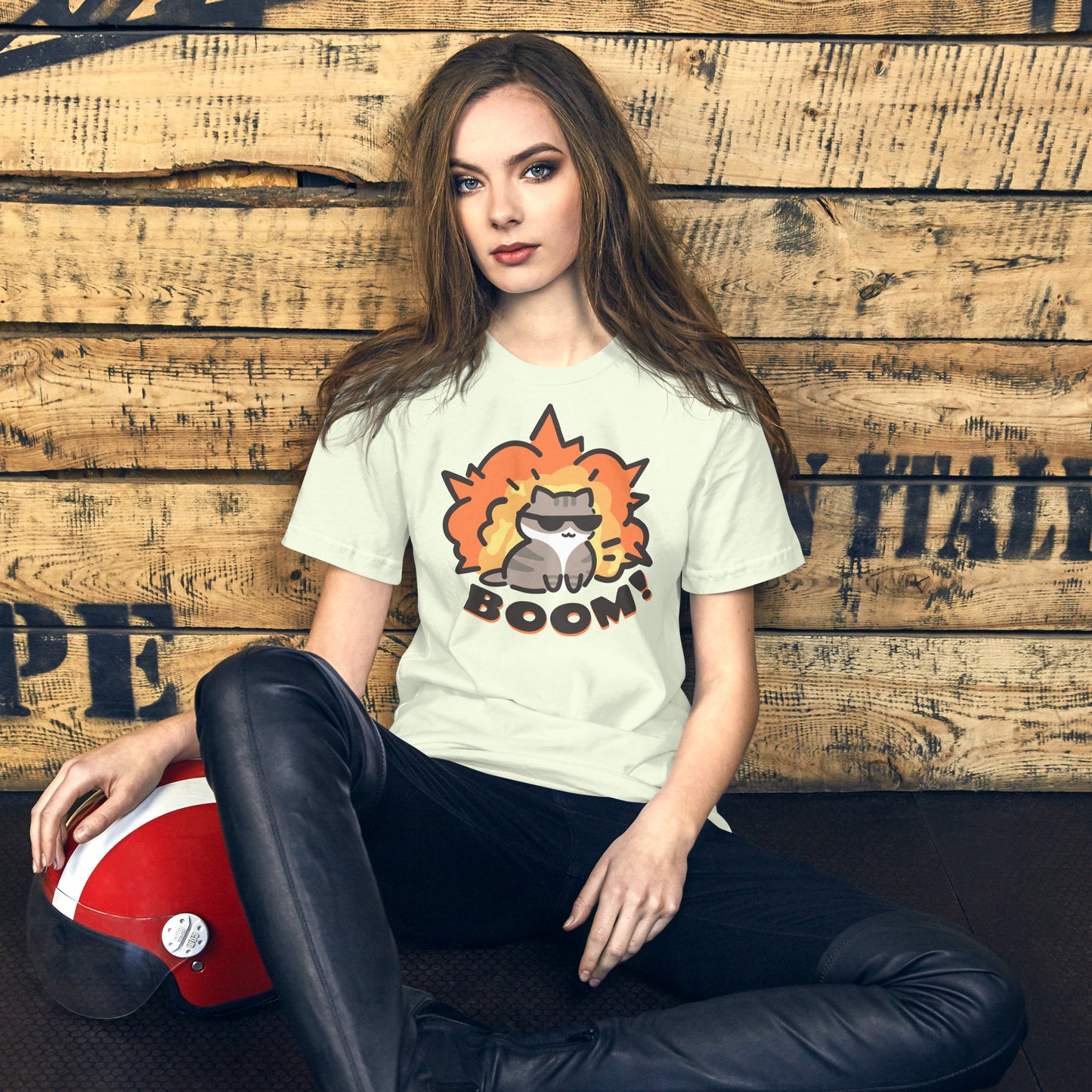 Woman wearing a citron green Explosion Cat T-Shirt from Midnight Zoomies.