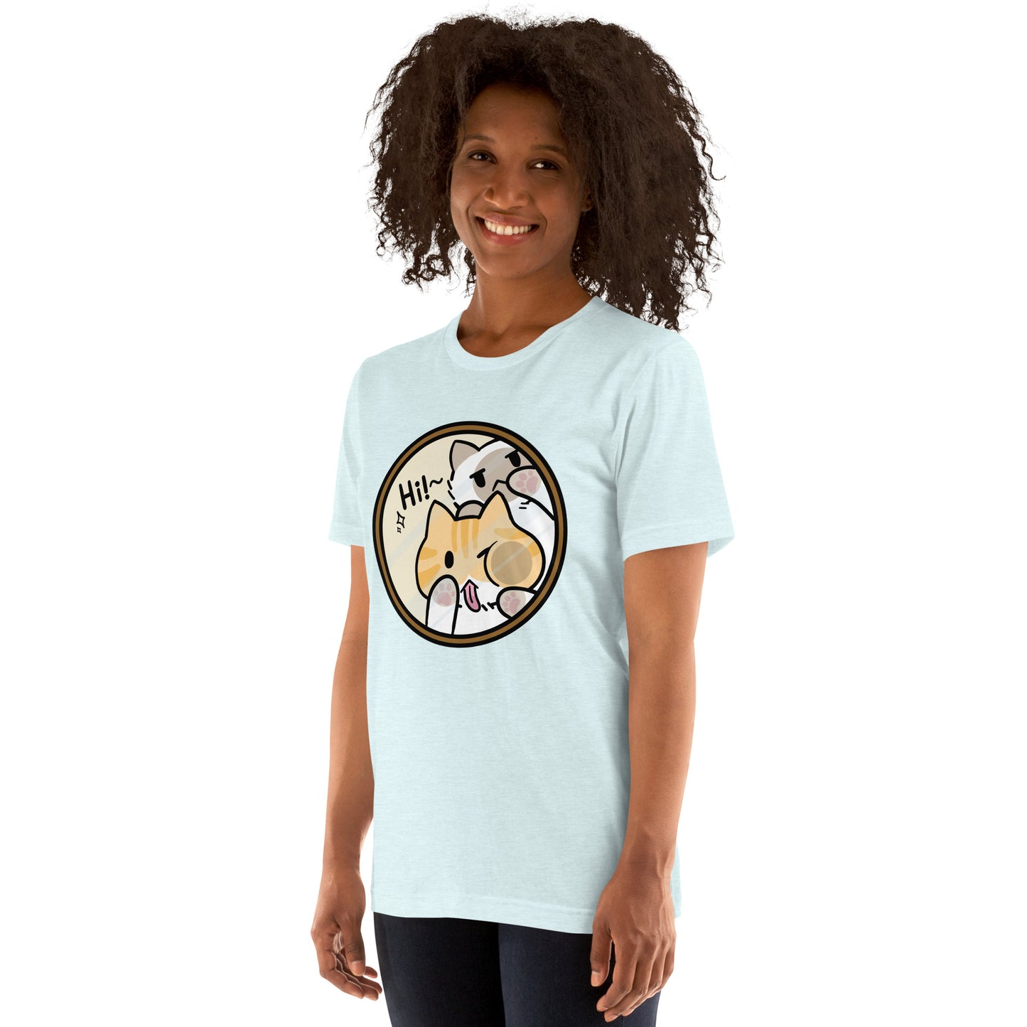 Woman wearing a sky blue Hi! Cat T-Shirt from Midnight Zoomies.
