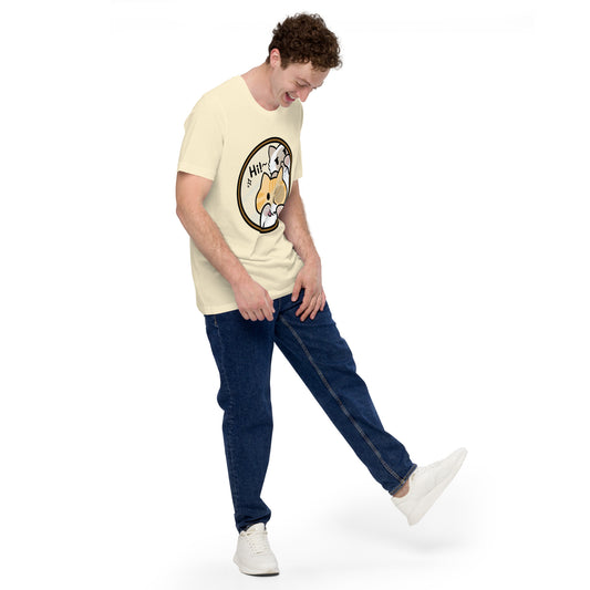 Man wearing a natural Hi! Cat T-Shirt from Midnight Zoomies.