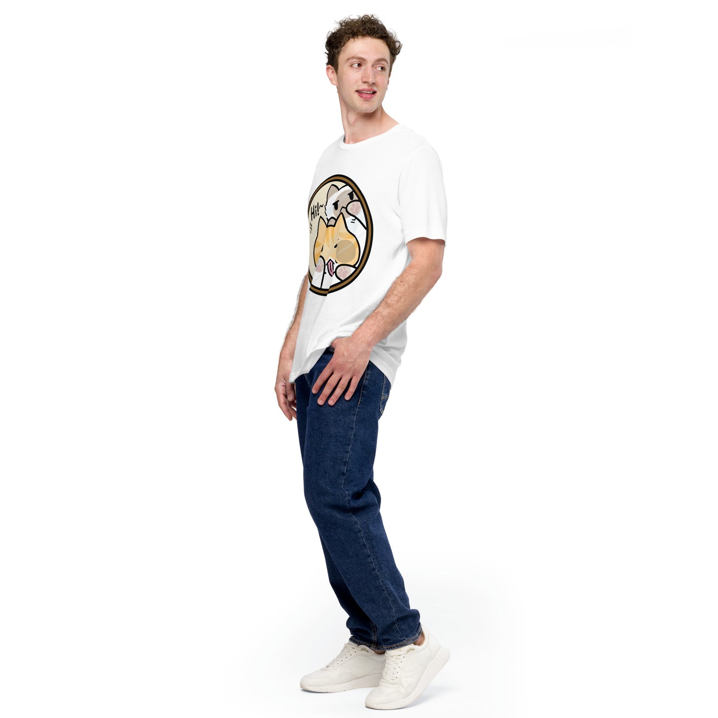 Man wearing a white Hi! Cat T-Shirt from Midnight Zoomies.