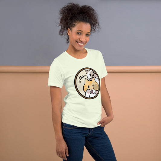Woman wearing a citron green Hi! Cat T-Shirt from Midnight Zoomies.