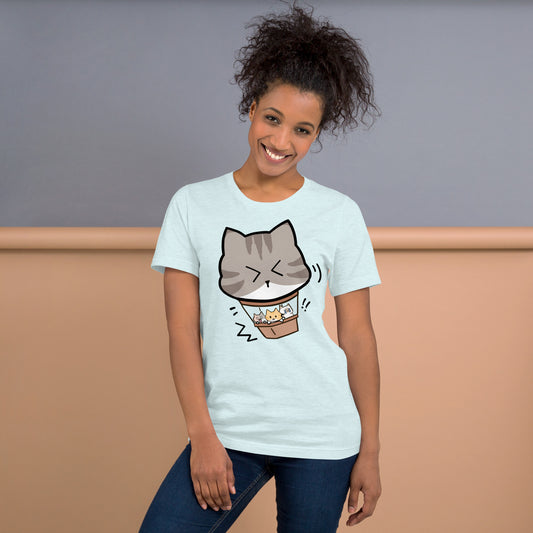 Woman wearing a sky blue Hot Cat Ballon T-Shirt from Midnight Zoomies.