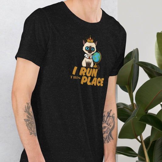 Man wearing a black I Run This Place Cat T-Shirt.