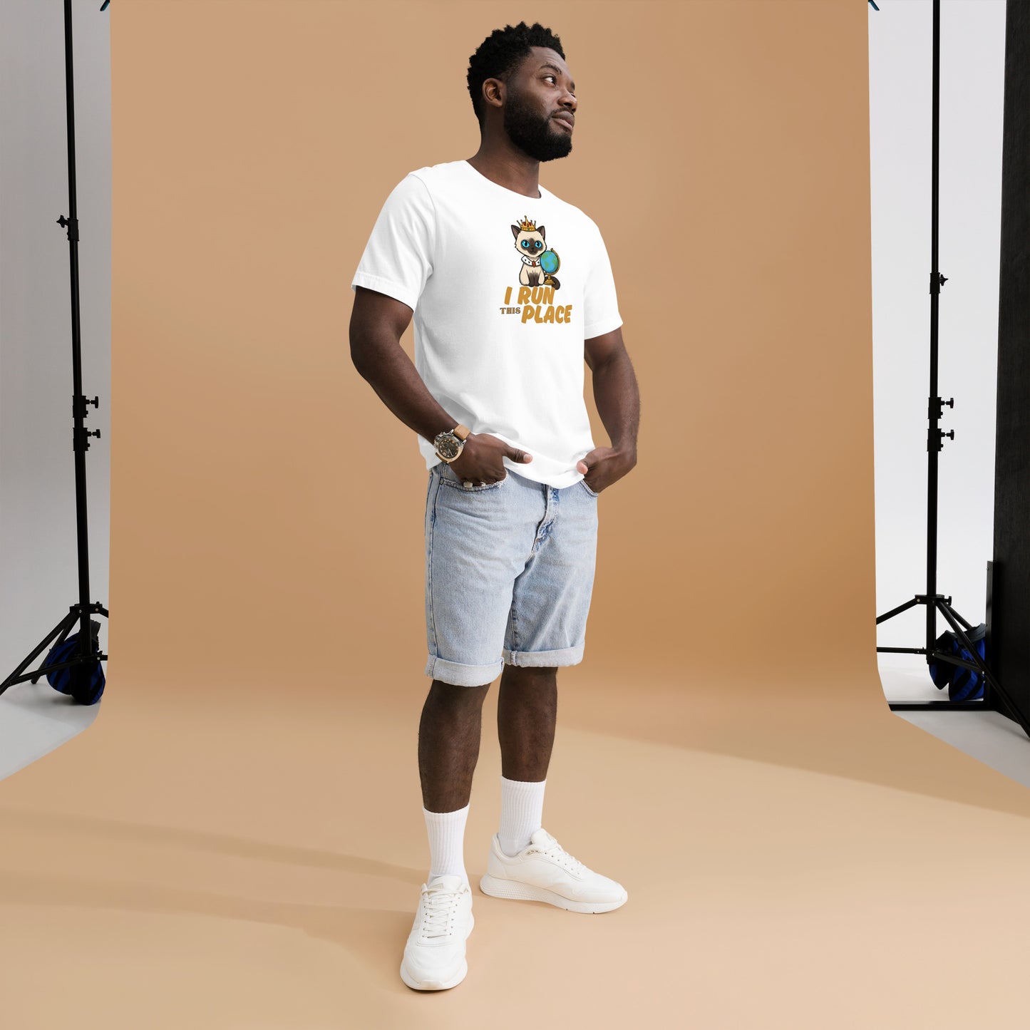Man wearing a white I Run This Place Cat T-Shirt.