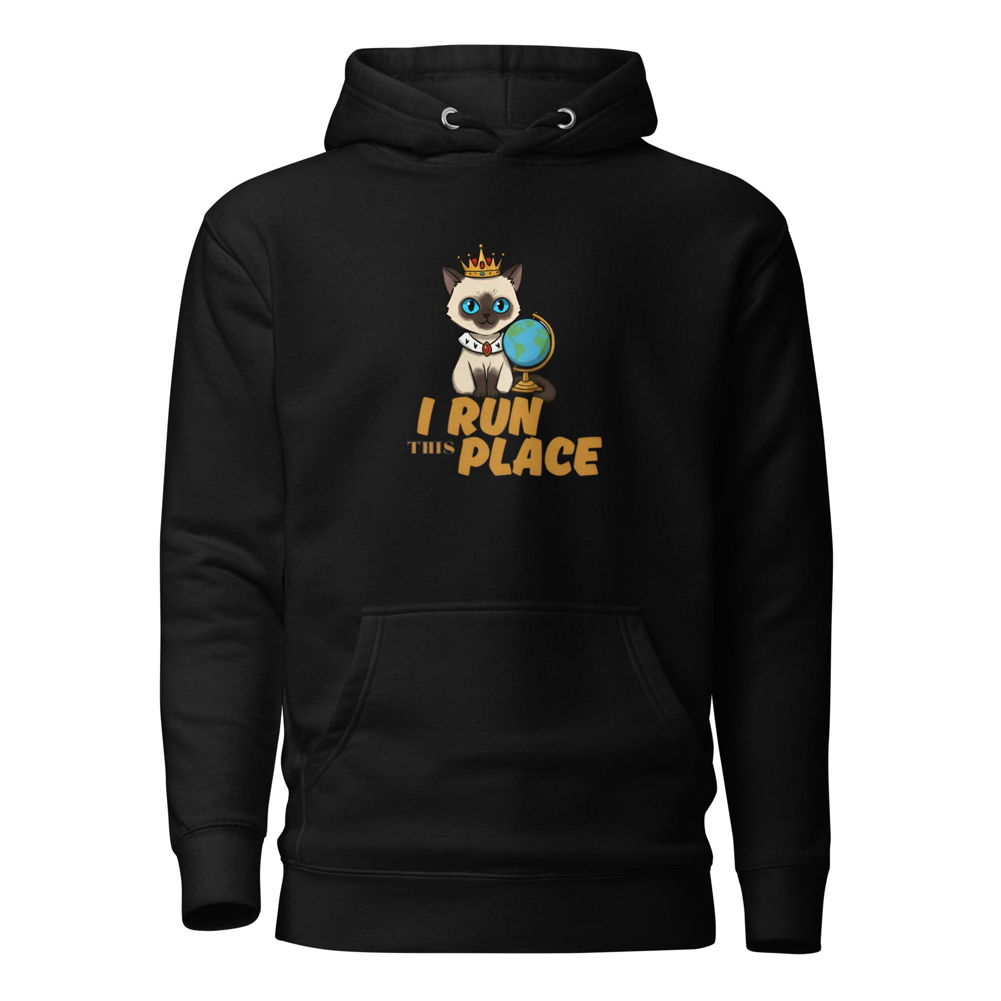 Front View of a unisex black hoodie with a design of a cat wearing a crown and the words 'I Run This Place'.