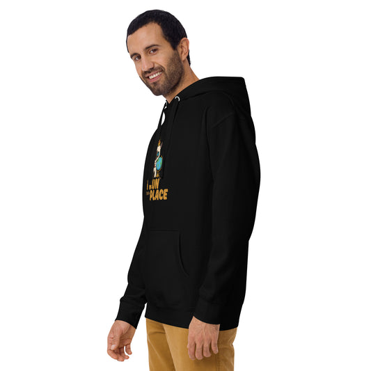 Man modeling a unisex black hoodie with a design of a cat wearing a crown and the words 'I Run This Place'. Side View.