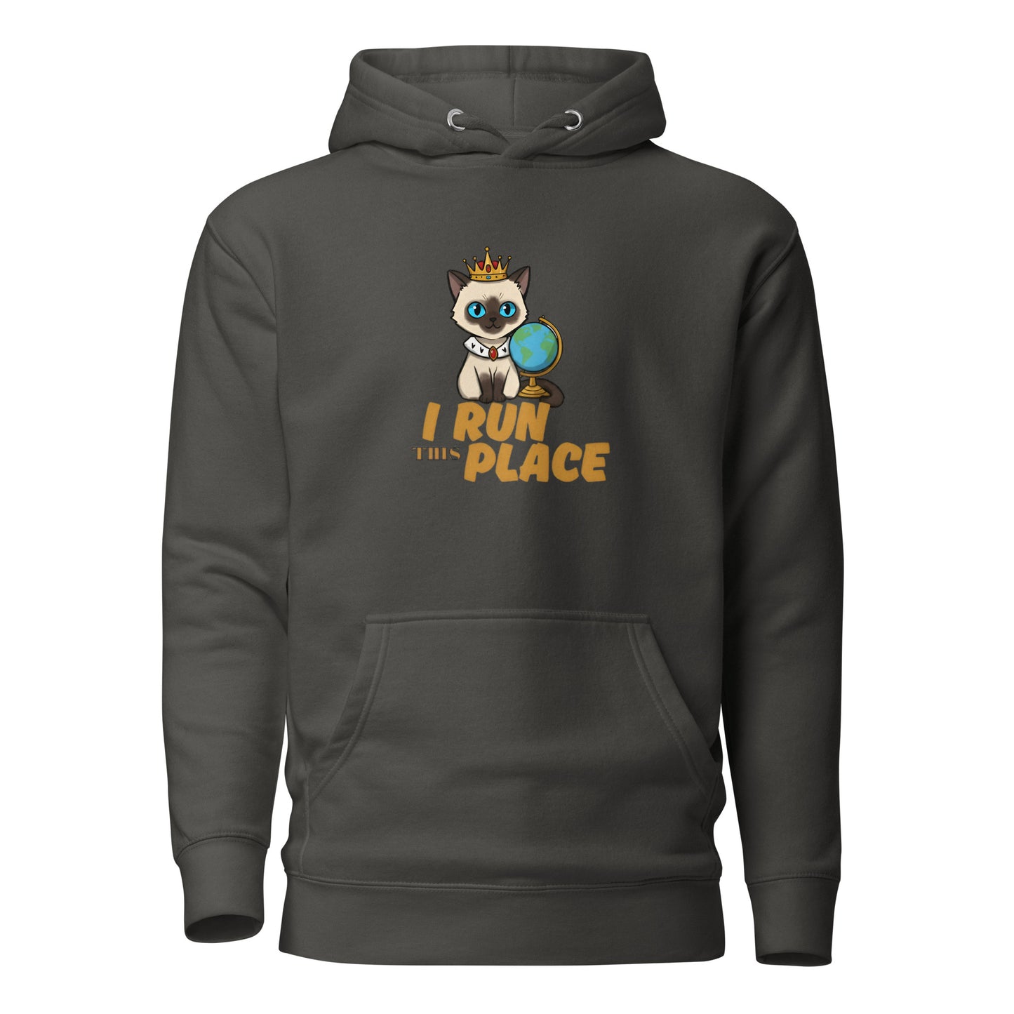 Front View of a unisex vintage black hoodie with a design of a cat wearing a crown and the words 'I Run This Place'.