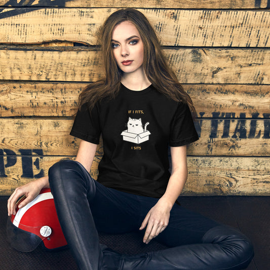 Woman wearing a black If I Fits I Sits Cat T-Shirt.