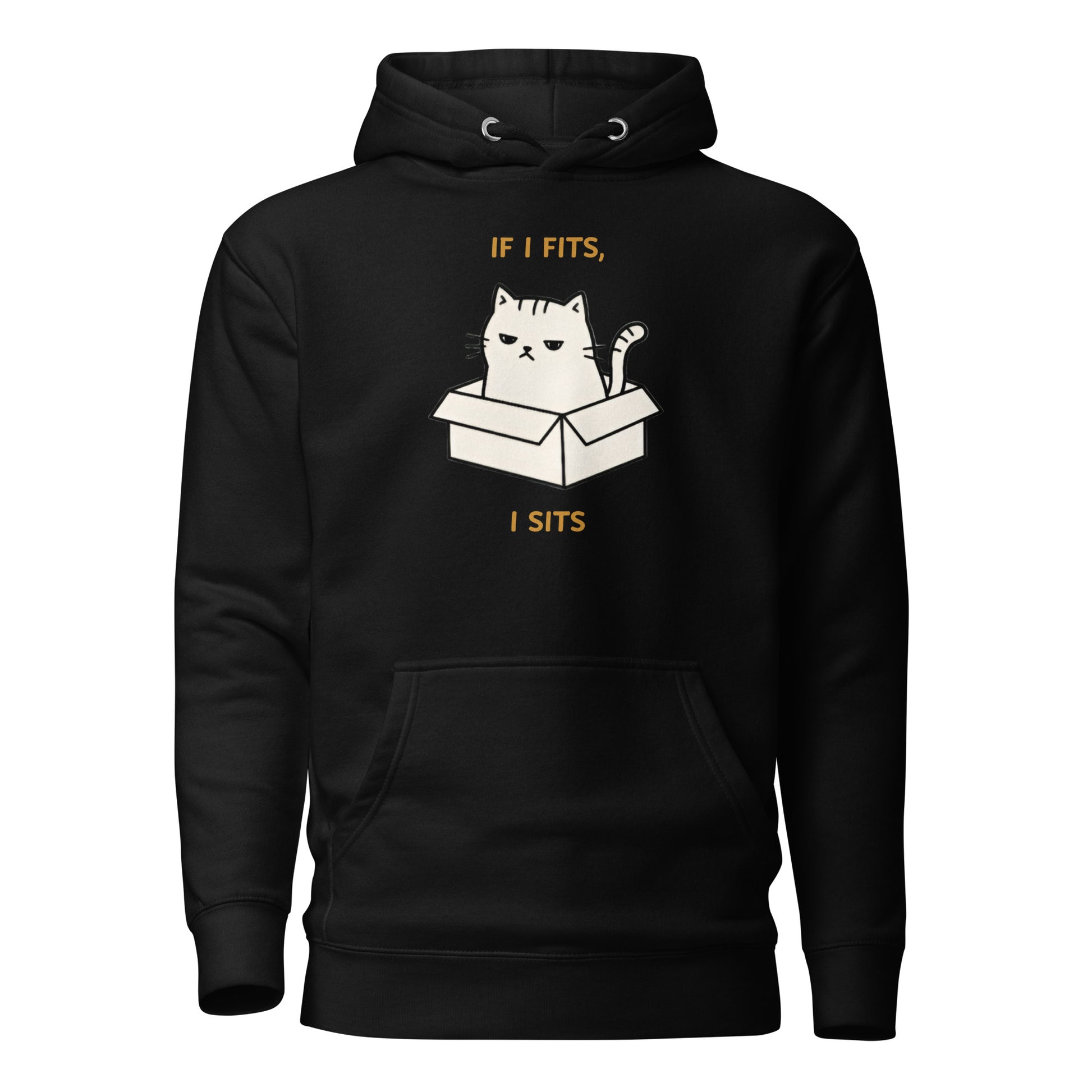 Front View of a unisex black hoodie with a design of a cat sitting in a box and the words 'If I Fits, I Sits'.