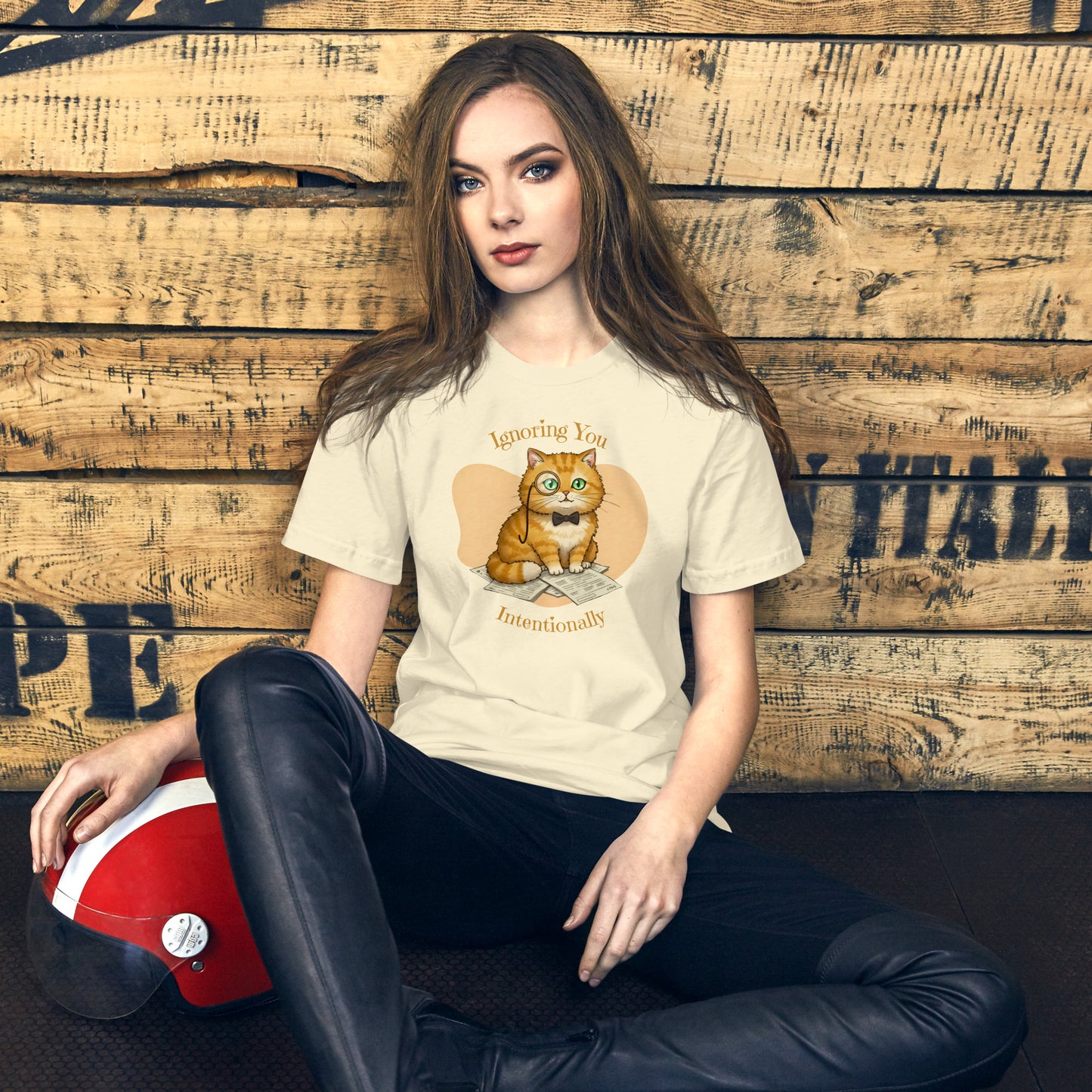 Woman wearing a natural Ignoring You Intentionally Cat T-Shirt.
