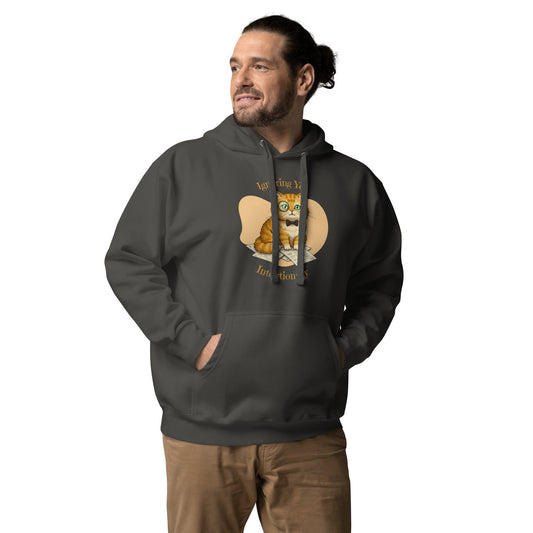Man modeling a unisex vintage black hoodie with a design of a cat wearing a monocle and the words 'Ignoring You Intentionally'. Front View.