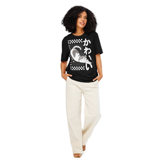 Woman wearing a black Kawaii Cat T-Shirt from Midnight Zoomies.