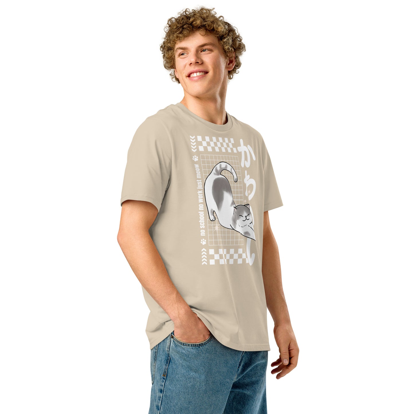 Man wearing a desert dust grey Kawaii Cat T-Shirt from Midnight Zoomies.