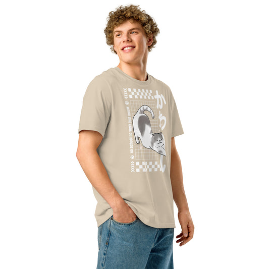 Man wearing a desert dust grey Kawaii Cat T-Shirt from Midnight Zoomies.