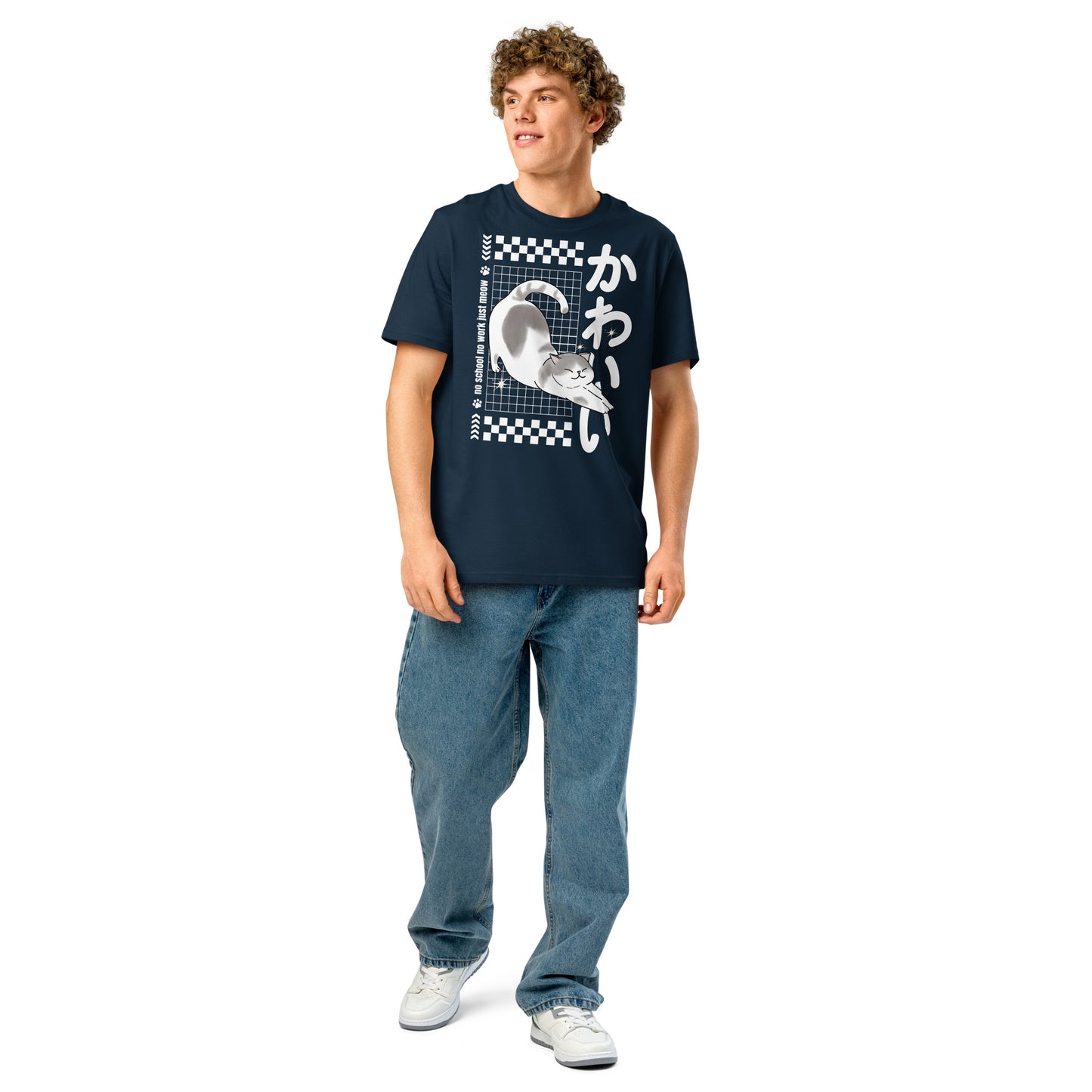 Man wearing a navy Kawaii Cat T-Shirt from Midnight Zoomies.