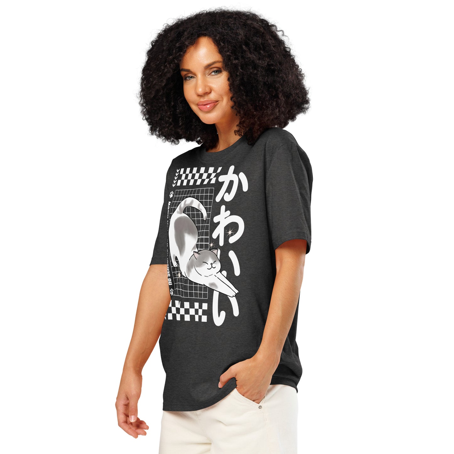 Woman wearing a dark heather grey Kawaii Cat T-Shirt from Midnight Zoomies.