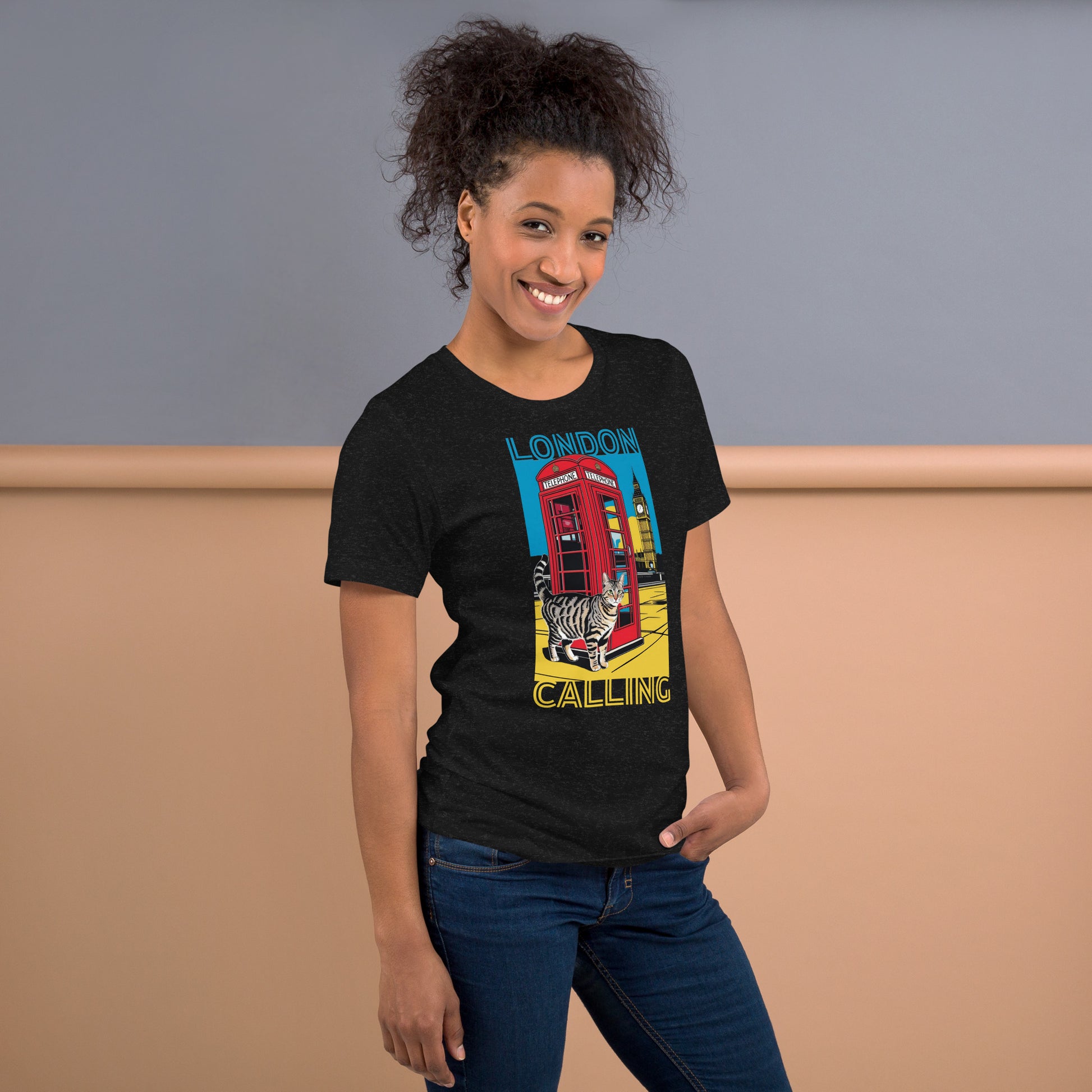 Woman wearing a black London Cat T-Shirt.