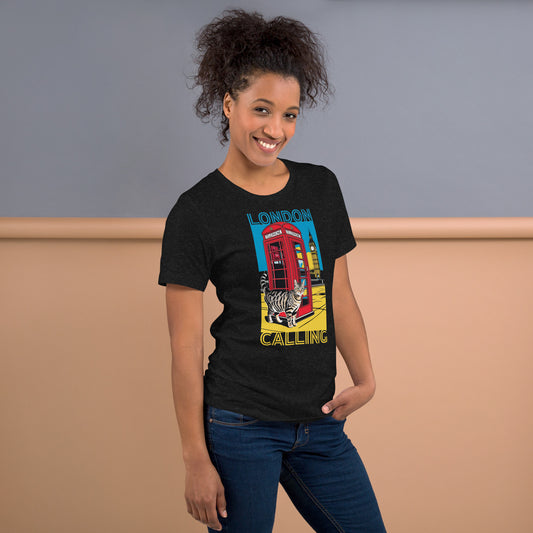 Woman wearing a black London Cat T-Shirt.