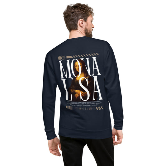 Man wearing a navy blue Mona Lisa Graphic Sweatshirt.