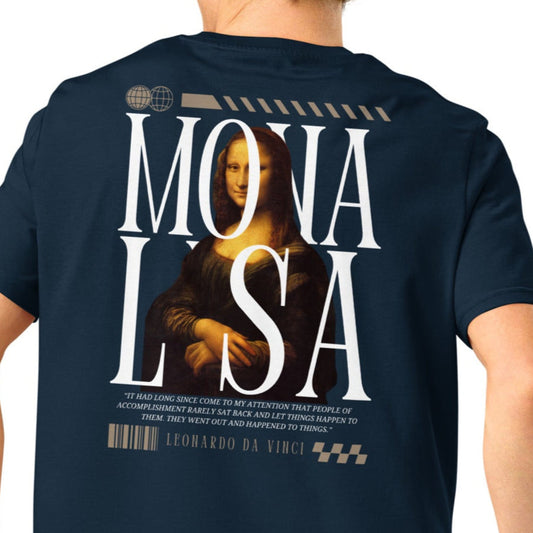 Man wearing a navy Mona Lisa Graphic T-Shirt.