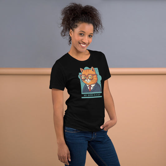 Woman wearing a black My Boss Is A Cat T-Shirt.