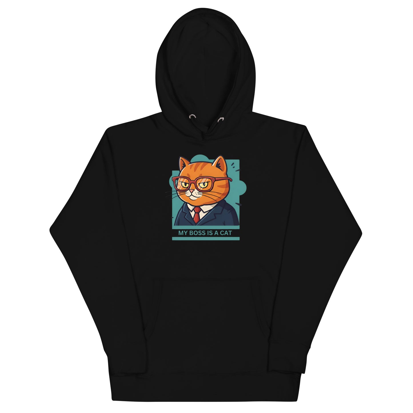Front View of a unisex black hoodie with a design of a cat wearing a tuxedo and the words 'My Boss Is A Cat'.