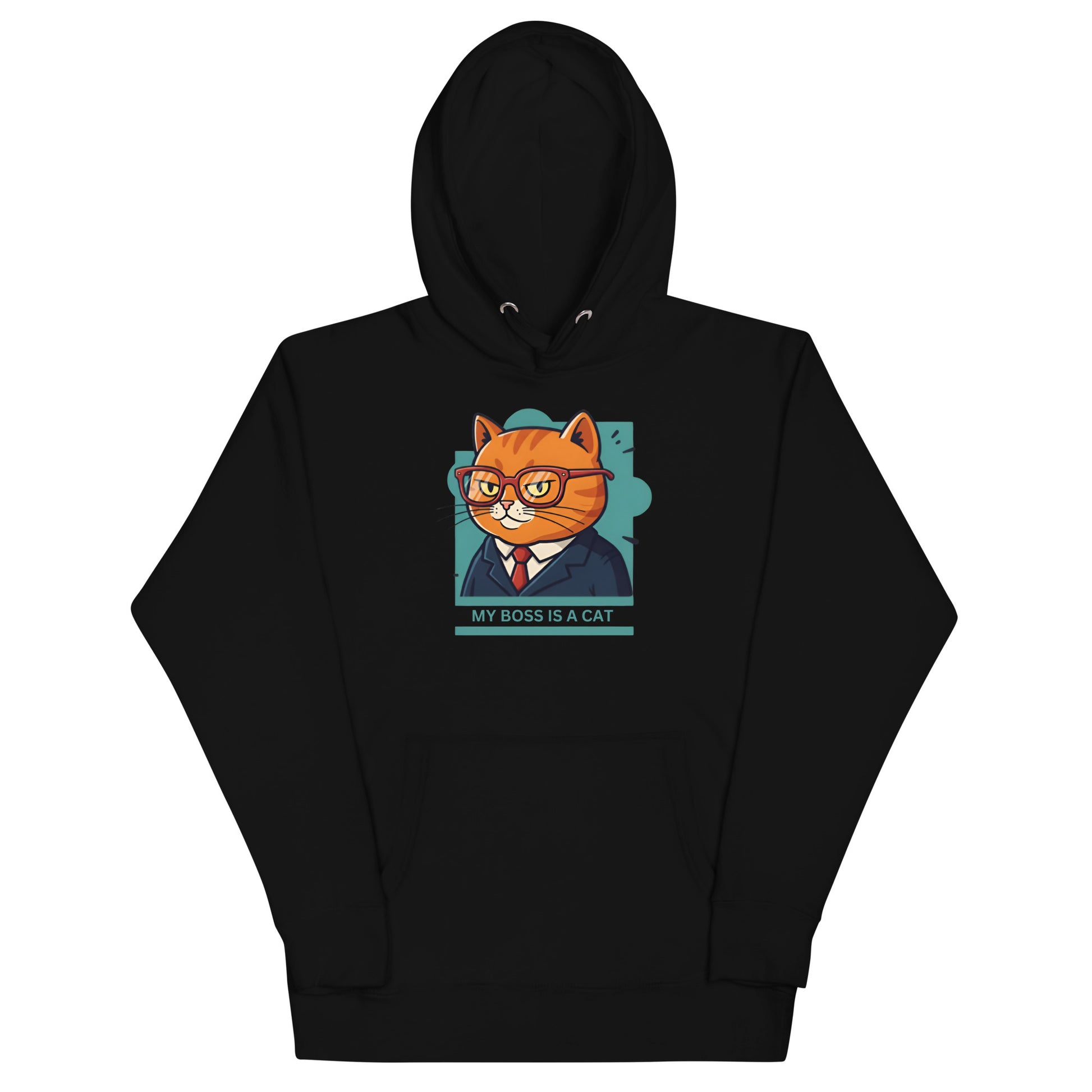Front View of a unisex black hoodie with a design of a cat wearing a tuxedo and the words 'My Boss Is A Cat'.