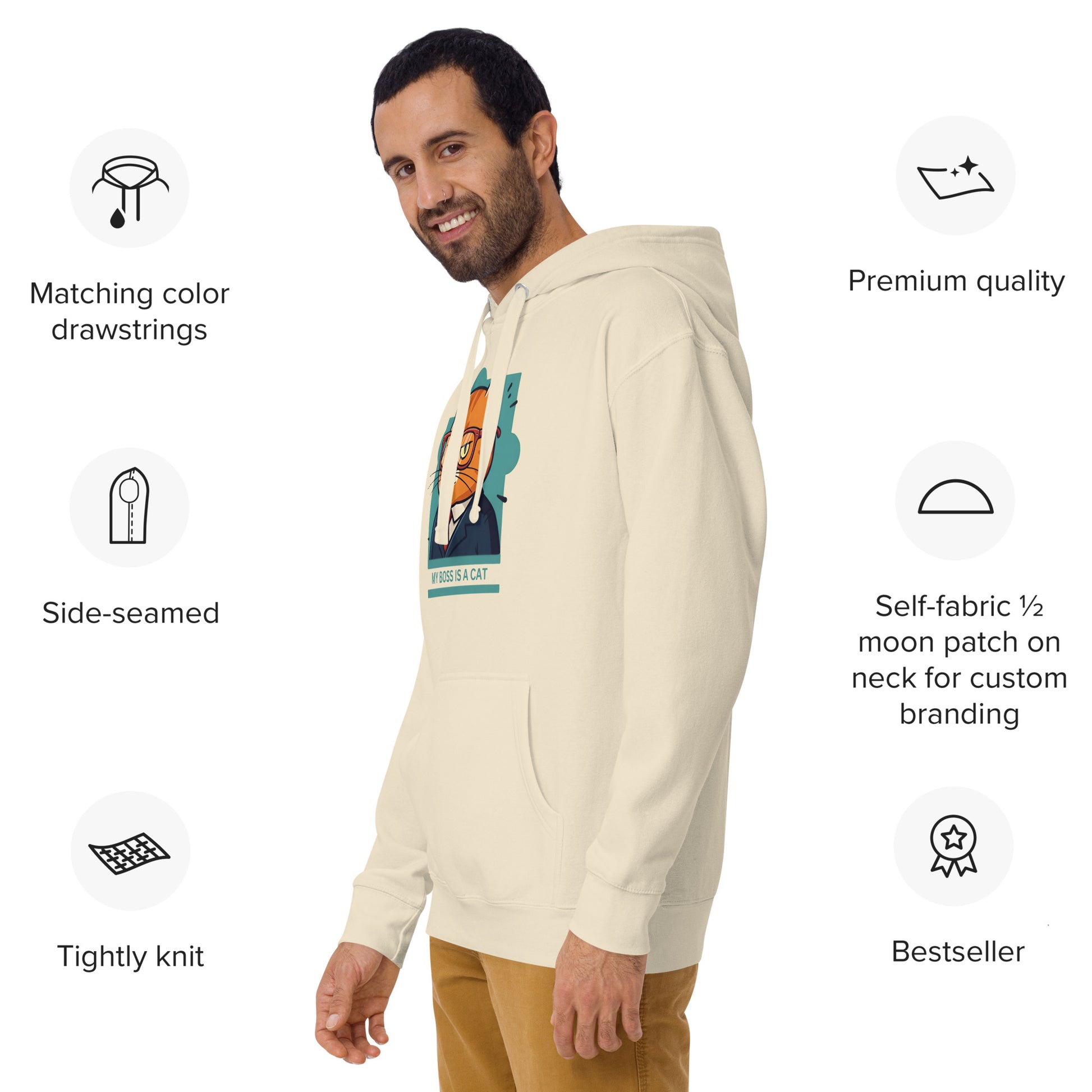 Man modeling a unisex bone hoodie with a design of a cat wearing a tuxedo and the words 'My Boss Is A Cat'. Side View.