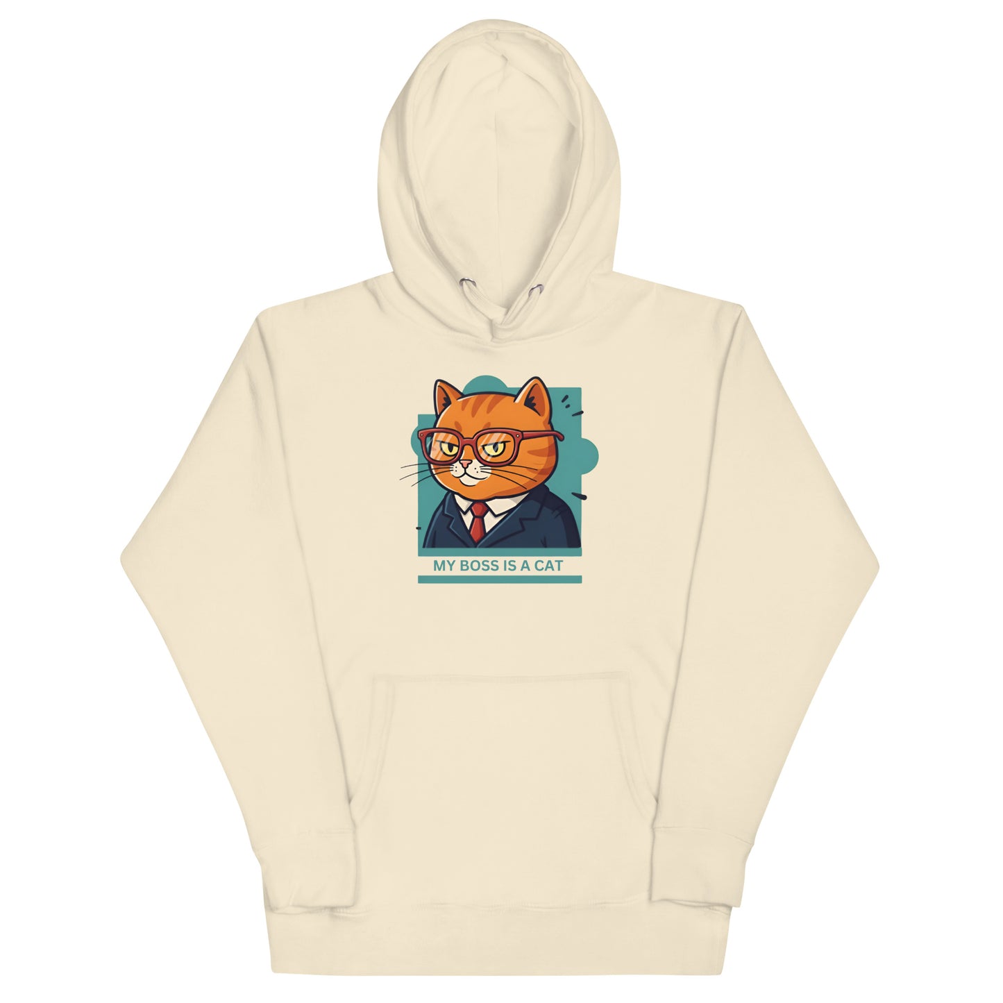 Front View of a unisex bone hoodie with a design of a cat wearing a tuxedo and the words 'My Boss Is A Cat'.
