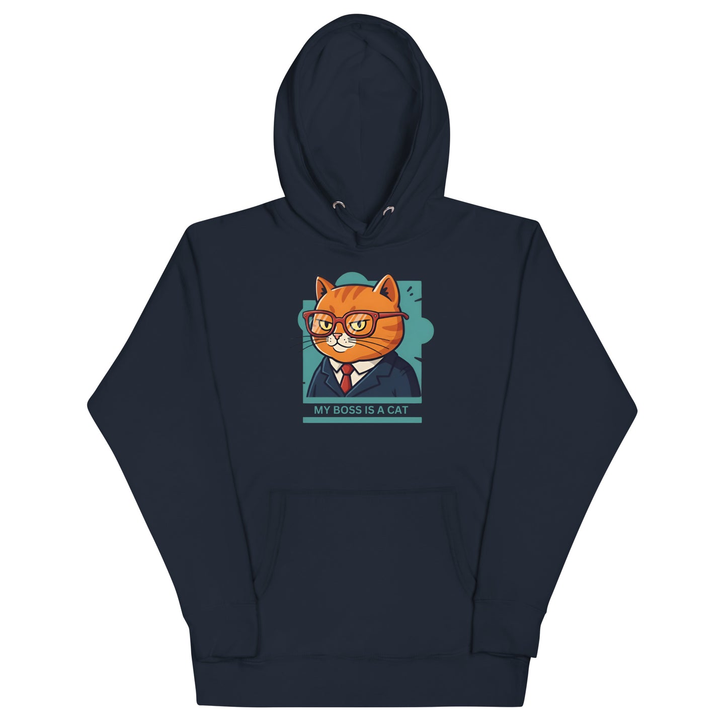 Front View of a unisex navy hoodie with a design of a cat wearing a tuxedo and the words 'My Boss Is A Cat'.