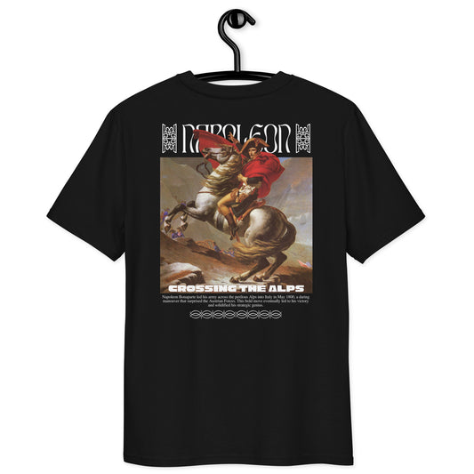 A black Napoleon Crossing The Alps Graphic T-Shirt on a hanger.
