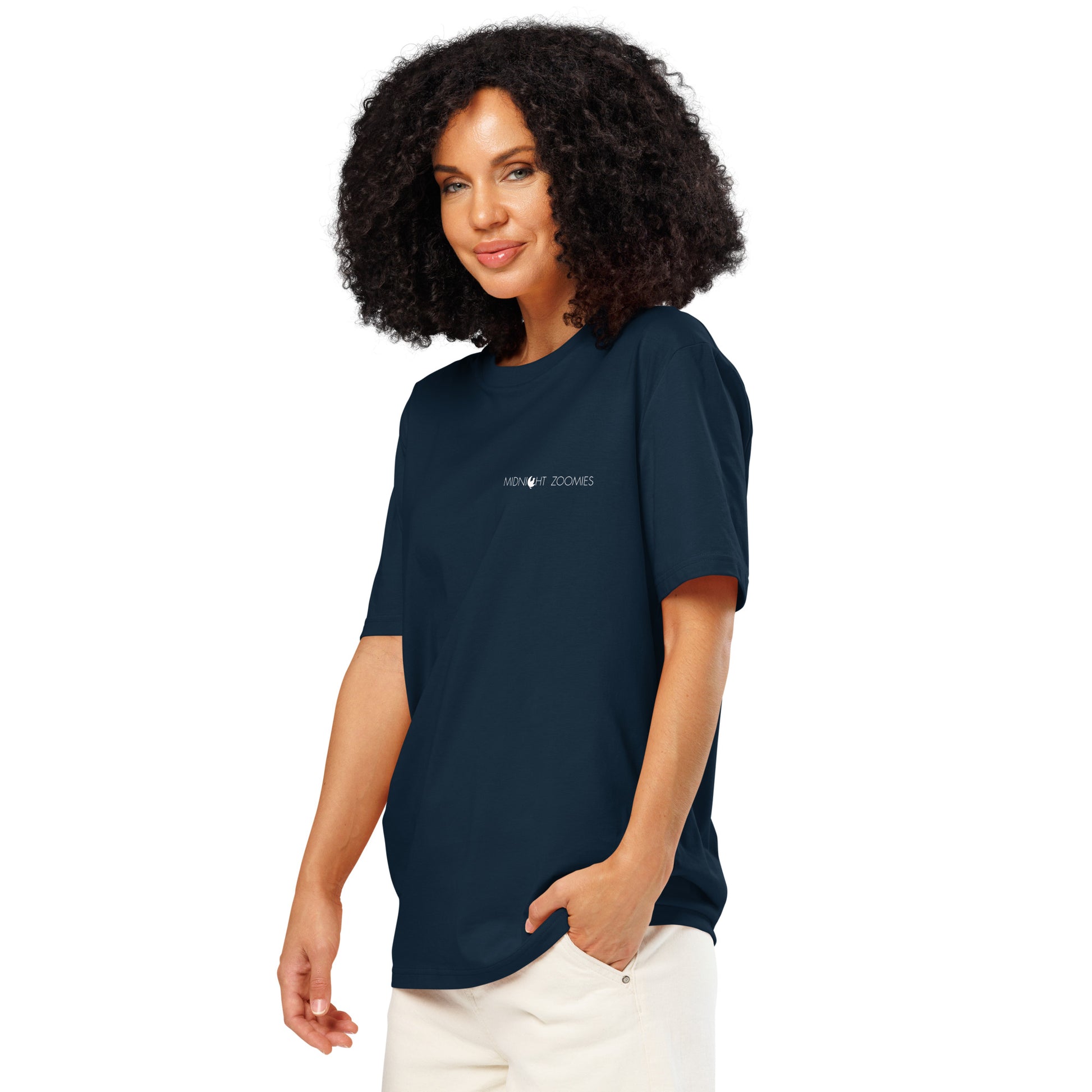 Woman wearing a navy Napoleon Crossing The Alps Graphic T-Shirt.