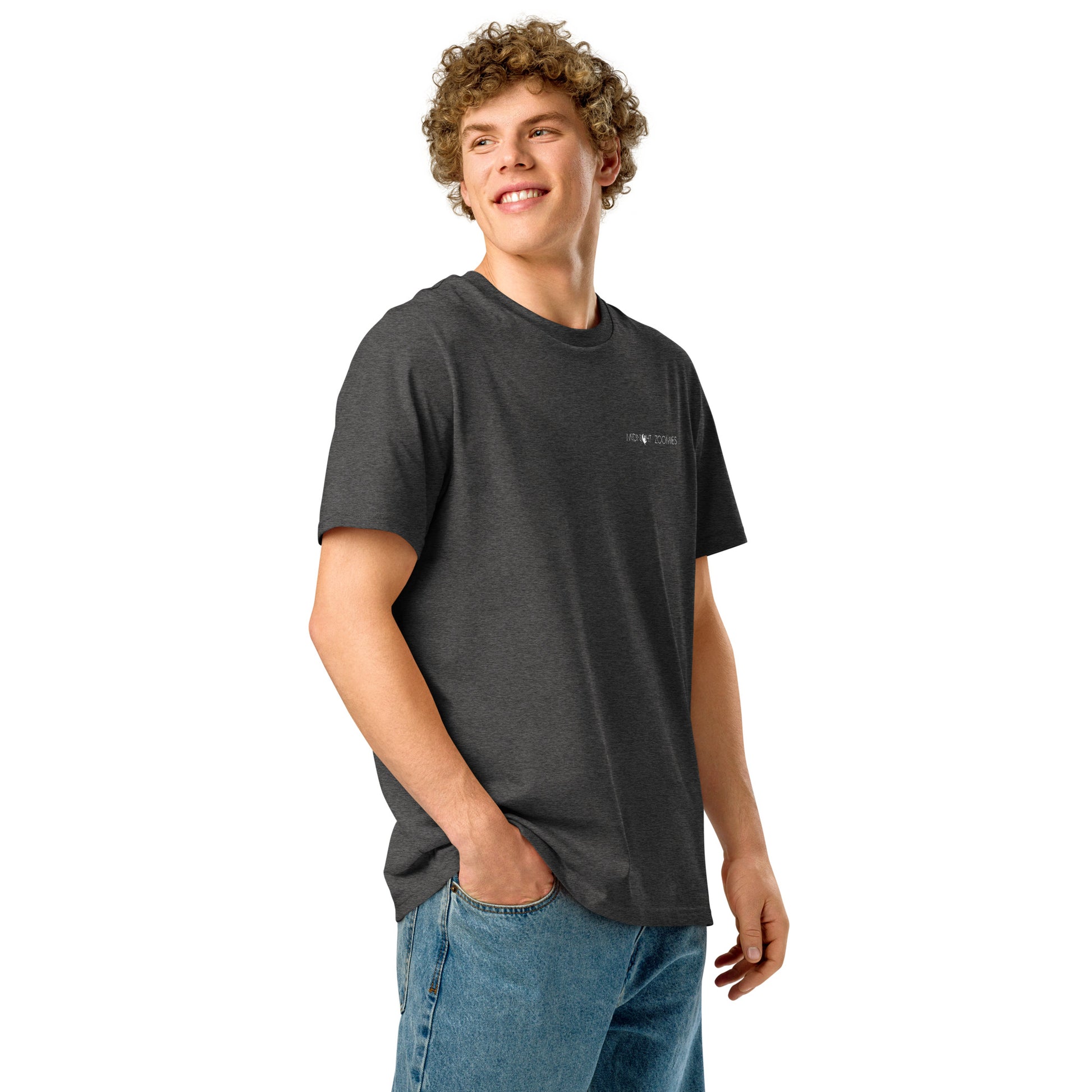 Man wearing a dark heather grey Napoleon Crossing The Alps Graphic T-Shirt.