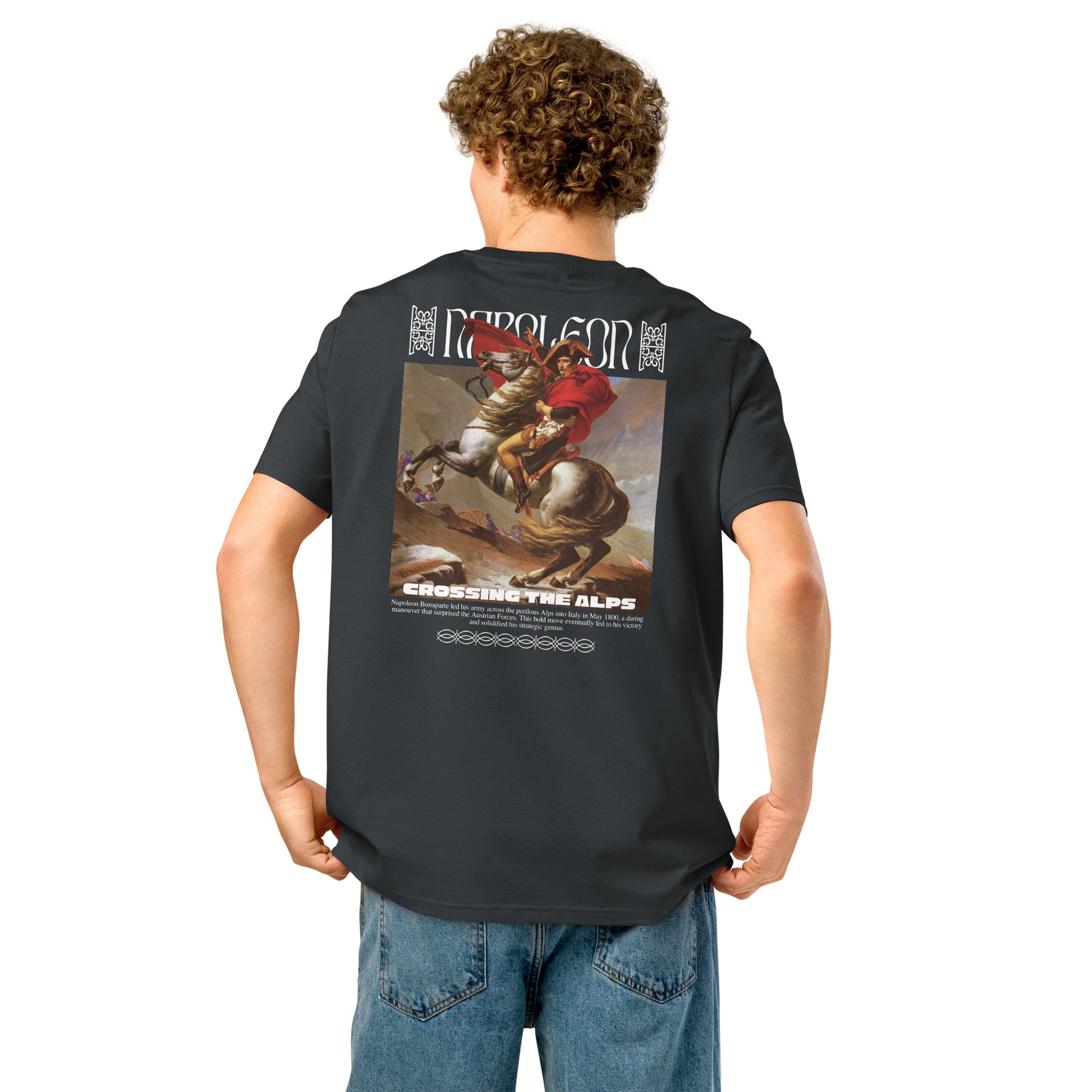 Man wearing an indian ink grey Napoleon Crossing The Alps Graphic T-Shirt.