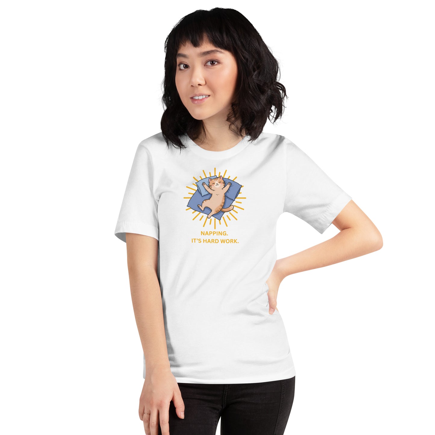 Woman wearing a white Napping. It's Hard Work. Cat T-Shirt.
