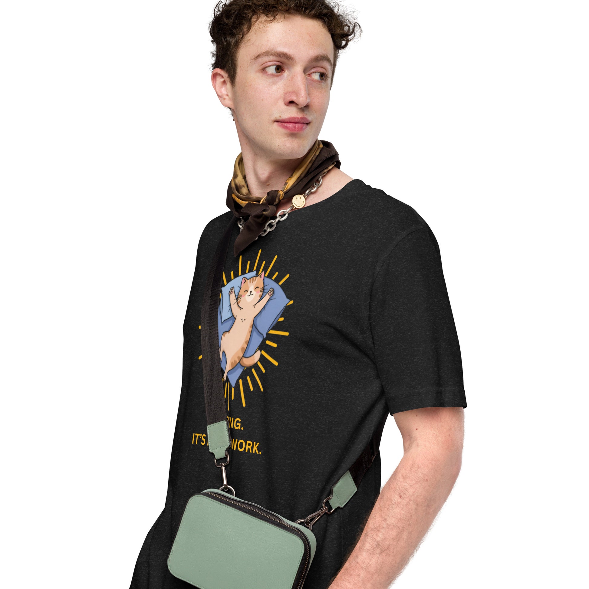 Man wearing a black Napping. It's Hard Work. Cat T-Shirt.