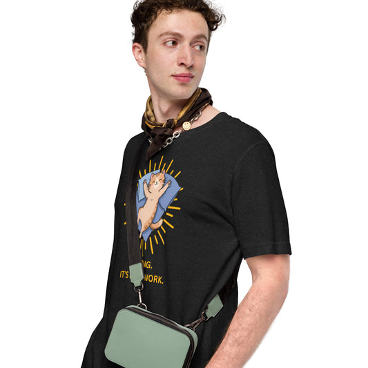 Man wearing a black Napping. It's Hard Work. Cat T-Shirt.
