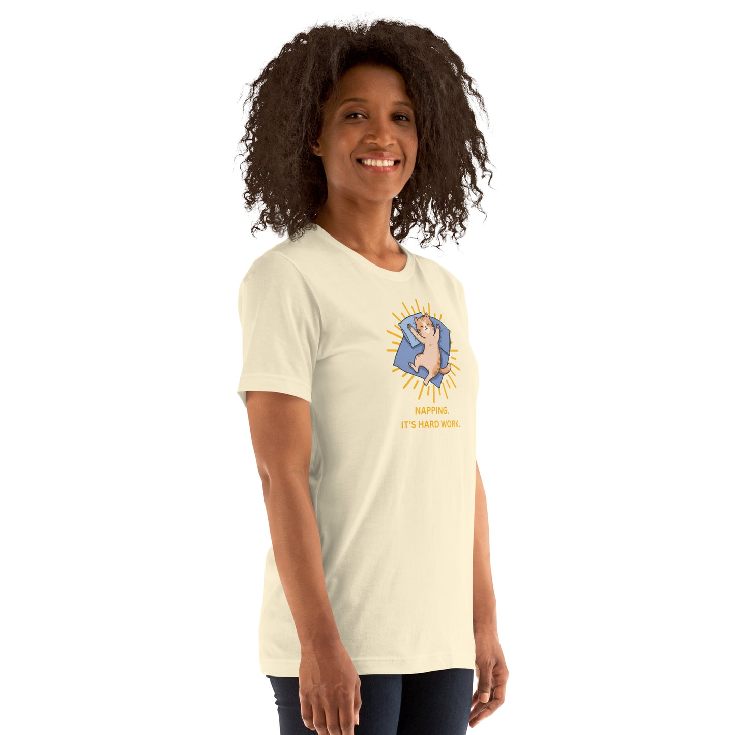 Woman wearing a natural Napping. It's Hard Work. Cat T-Shirt.