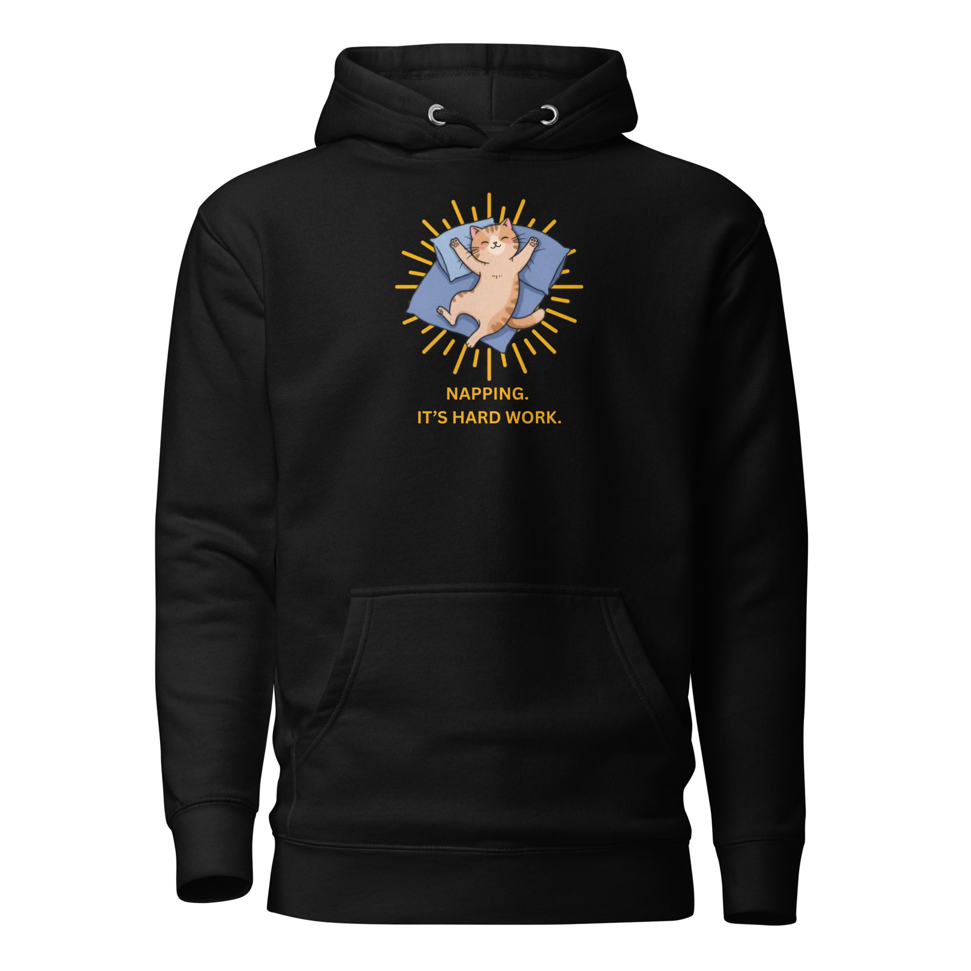 Front View of a unisex black hoodie with a design of a cat sleeping and the words 'Napping. It's Hard Work'.