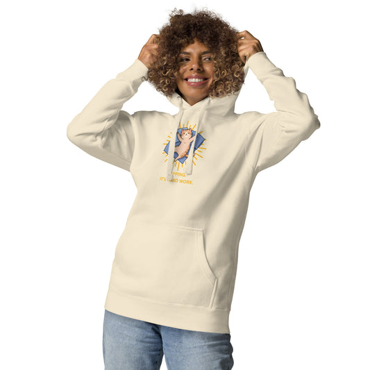 Woman modeling a unisex bone hoodie with a design of a cat sitting in a box and the words 'If I Fits, I Sits'. Front View.