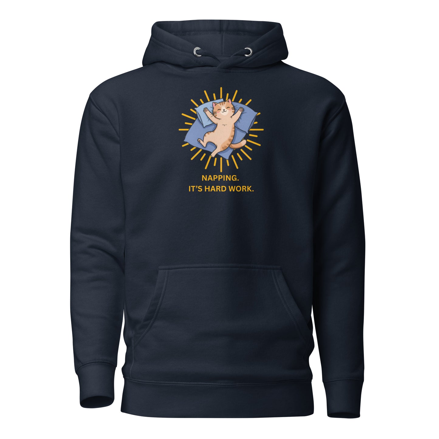 Front View of a unisex navy hoodie with a design of a cat sleeping and the words 'Napping. It's Hard Work'.