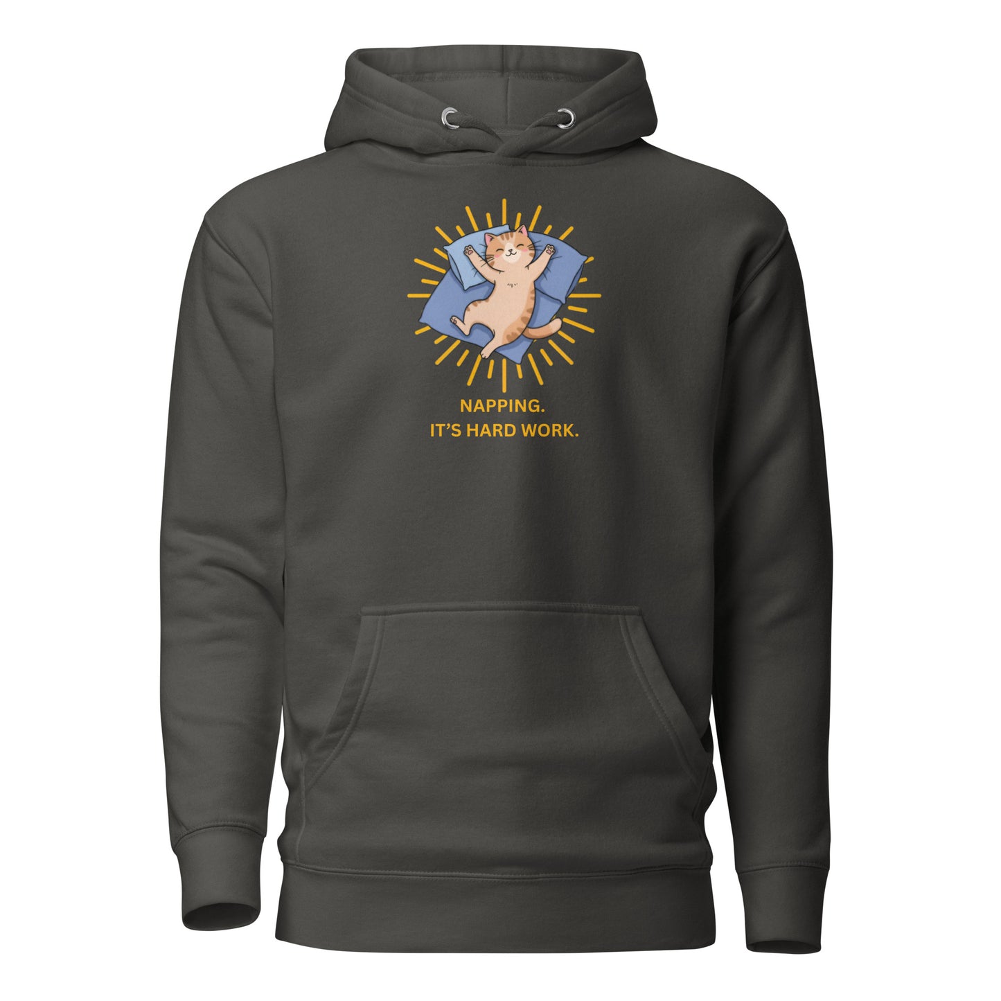 Front View of a unisex vintage black hoodie with a design of a cat sleeping and the words 'Napping. It's Hard Work'.
