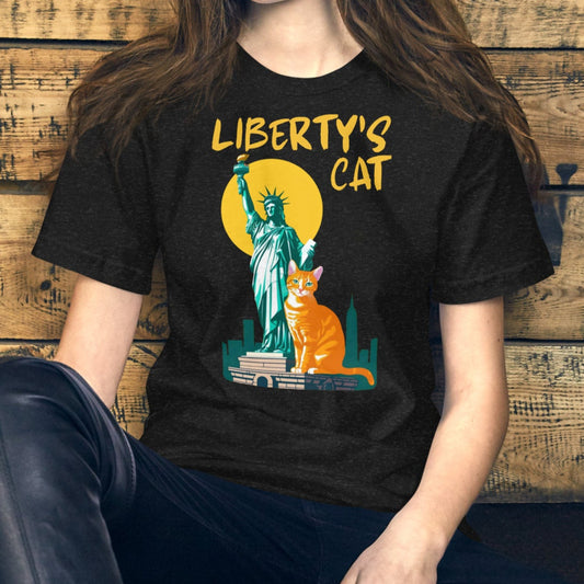 Woman wearing a black New York Cat T-Shirt.
